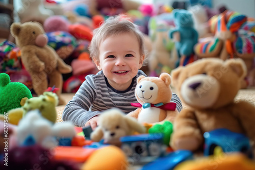 A little girl sitting on the floor surrounded by stuffed animals