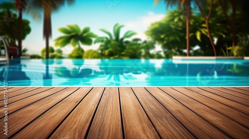 Empty wooden surface with summer travel hotel swimming pool background