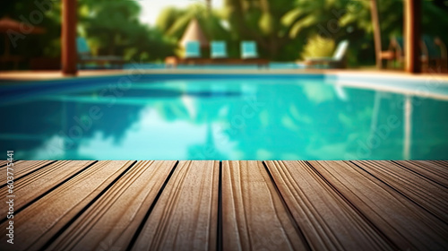 Empty wooden surface with summer travel hotel swimming pool background