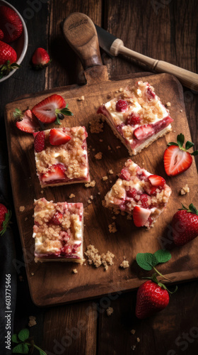 Strawberry Cheesecake Bars on a Rustic Table