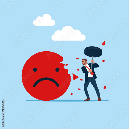 Businessman  uses sledgehammer and attack emoji sign. Good review for product, rating to product. Flat vector illustration.