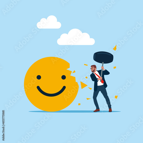 Businessman  uses sledgehammer and attack emoji sign. Bad review for product, rating to product. Flat vector illustration.