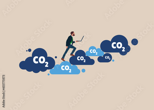 Responsibility of co2 emission environmental conservation. Businessman running with laptop. Flat vector illustration.