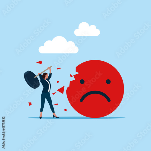 Businesswoman  uses sledgehammer and attack emoji sign. Good review for product, rating to product. Flat vector illustration.