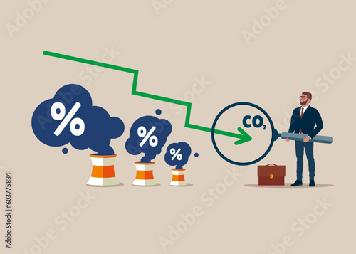 Businessman hold magnifying glass with change the Carbon CO2 Level. Stop air pollution, co2 , ecological problems. Cutting harmful industry emissions. Flat vector illustration. 