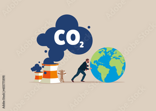 Businessman trying to save planet earth from climate change. CO2 emission. Climate change problem. Flat vector illustration