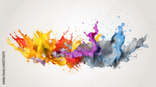 Color liquid ink splash abstract background rainbow art. Rainbow splash collage mix flow drip. Fluid wave color yellow, red, green, blue isolated. Liquid ink palette motion. Generative AI illustration