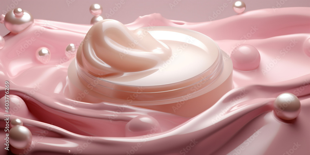 Pink brightening moisturizer cream in cosmetic box floating on the cream background. Beauty lotion fluttering explosion, splash explosion droplet. Isolated background. AI Generative Pink brightening moisturizer cream in cosmetic box floating on the cream background. Beauty lotion fluttering explosion, splash explosion droplet. Isolated background. AI Generative