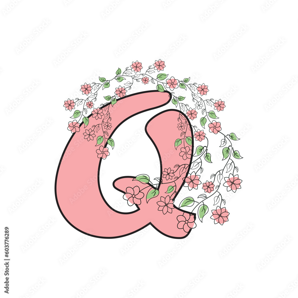 Line Art Letter Typography With Flowers Line Art Letter Typography With Flowers