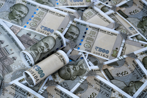 16 May 2023, Pune, India, Indian currency 500 rupees banknotes, business background India economy finance concept.