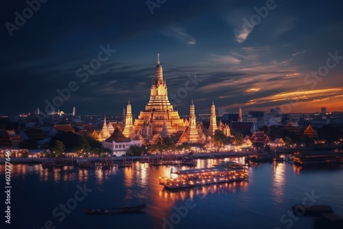 Painting style Wat Arun Ratchawararam Ratchawaramahawihan Buddhist temple in Bangkok, Thailand with Ai Generated