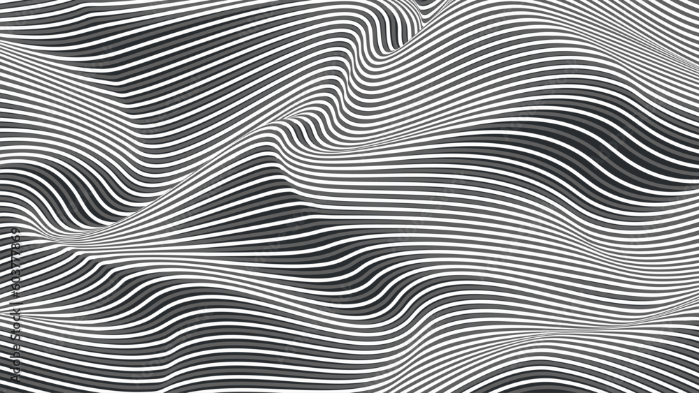 Wave of optical illusion. Abstract black and white illustrations. Horizontal lines stripes pattern or background with wavy distortion effect.