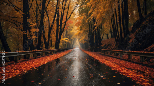 A beautiful long road in autumn season is lined with trees bearing colorful leaves