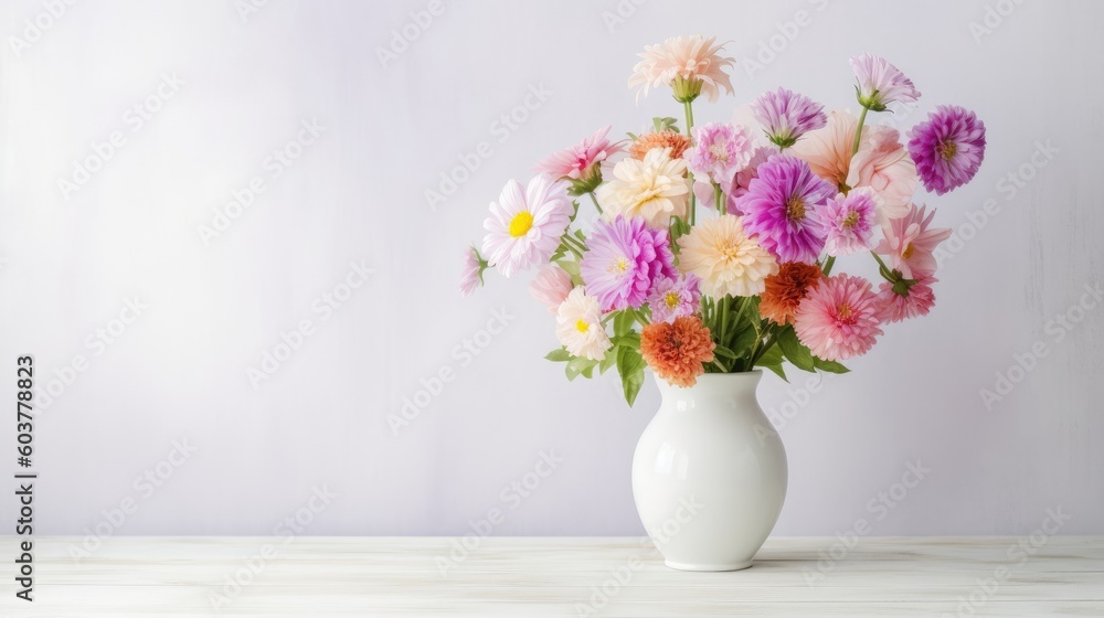 Spring flowers in vase on white wooden table created using generative AI tools Spring flowers in vase on white wooden table created using generative AI tools