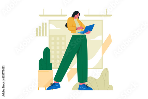 Business Woman With Laptop in Hands Vector Illustration Design Concept