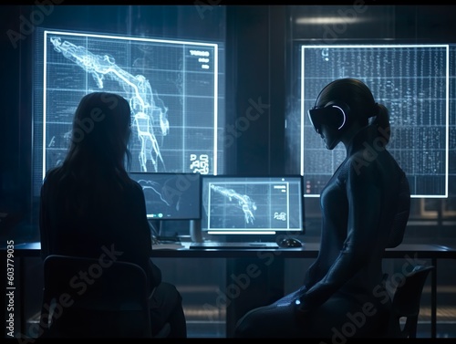 A person talking with ai futuristic robotic technology looking at Graphics or machine learning concepts