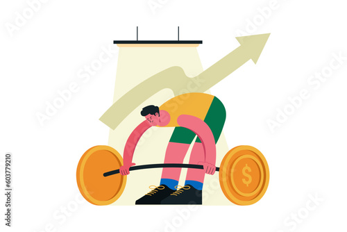 men lift up heavy money coins weight for strengthen economic and financial business Vector illustration design concept