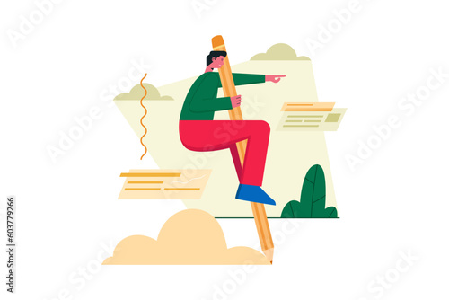 Businessman gliding and scratching with giant pencil vector illustration design concept