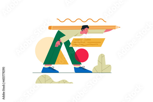 Young man with a giant pencil on his back vector illustration design concept for landing page and business or advertising