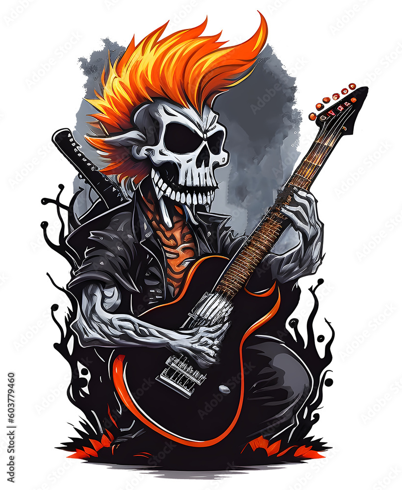 Obraz premium ghost skull playing guitar, suitable for print design, such as t-shirts, stickers, etc, generative ai