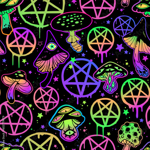Seamless pattern of magic mushrooms and colorful symbols