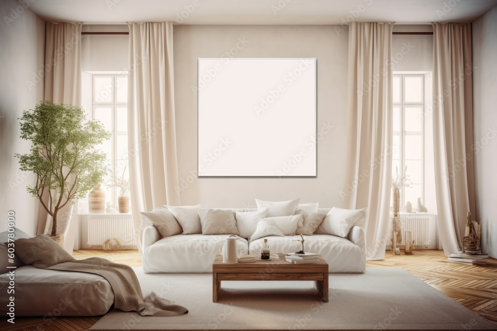 Fototapeta premium A cozy living room with a couch and a blank white picture frame on the wall, mockup (Generative AI, Generativ, KI)
