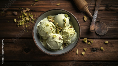 Pistachio Ice Cream in a Bowl on a Rustic Table photo