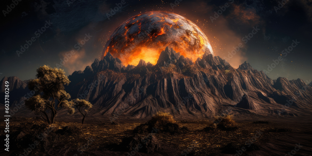 Molten volcanic planet in view from a rocky terrain Molten volcanic planet in view from a rocky terrain