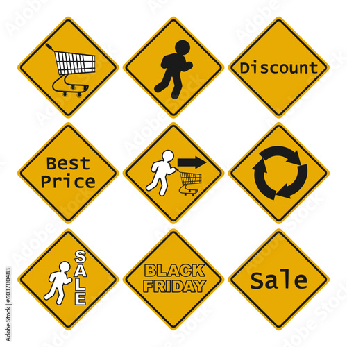 Nine pointers, stickers for online store or offline trade. Imitation of road signs. Set of vector illustrations