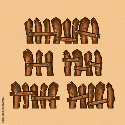 Five types of fencing made of aged rough wooden boards. Set of vector images