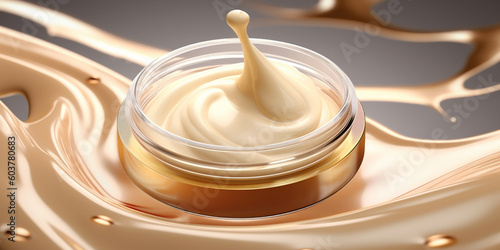 Golden brightening moisturizer cream in cosmetic box floating on the cream background. Beauty lotion fluttering explosion, splash explosion droplet. Isolated background. AI Generative