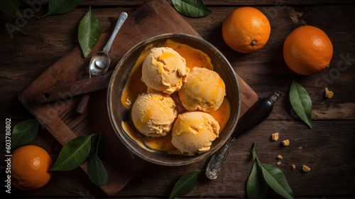 Orange Ice Cream in a Bowl on a Rustic Table