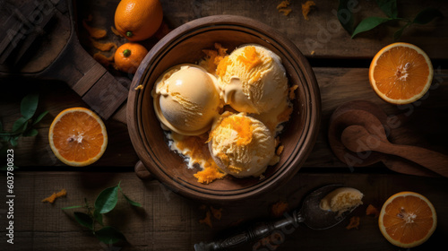 Orange Ice Cream in a Bowl on a Rustic Table