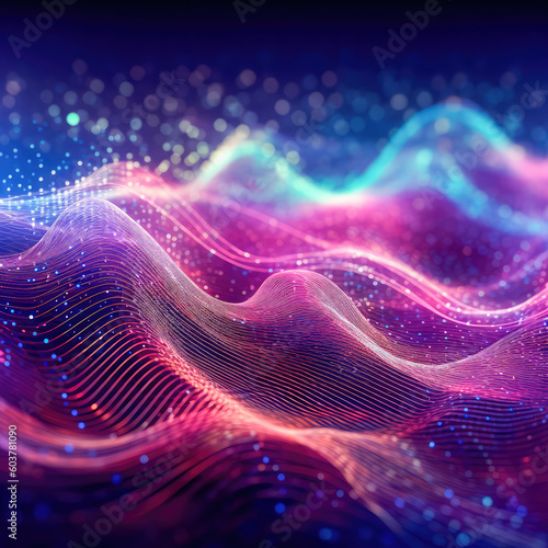 Abstract shiny wave background in purple, pink and blue lights. Digital luxury sparkling wave particles, background streams, digital data flow movement. Technological background. Generative AI © keks20034