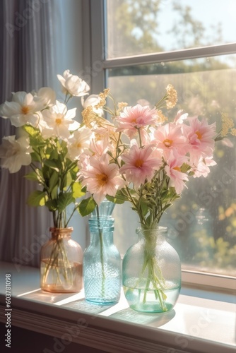 Vibrant flowers, filled vases adorning a sun-kissed window sill. Generated AI.