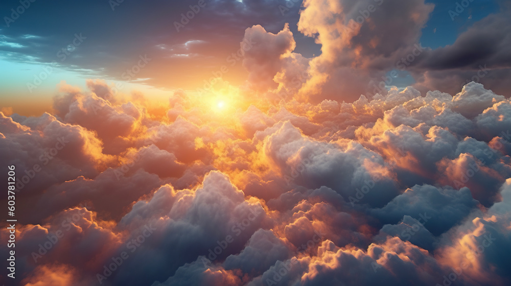Sunset over the clouds, aerial view. AI