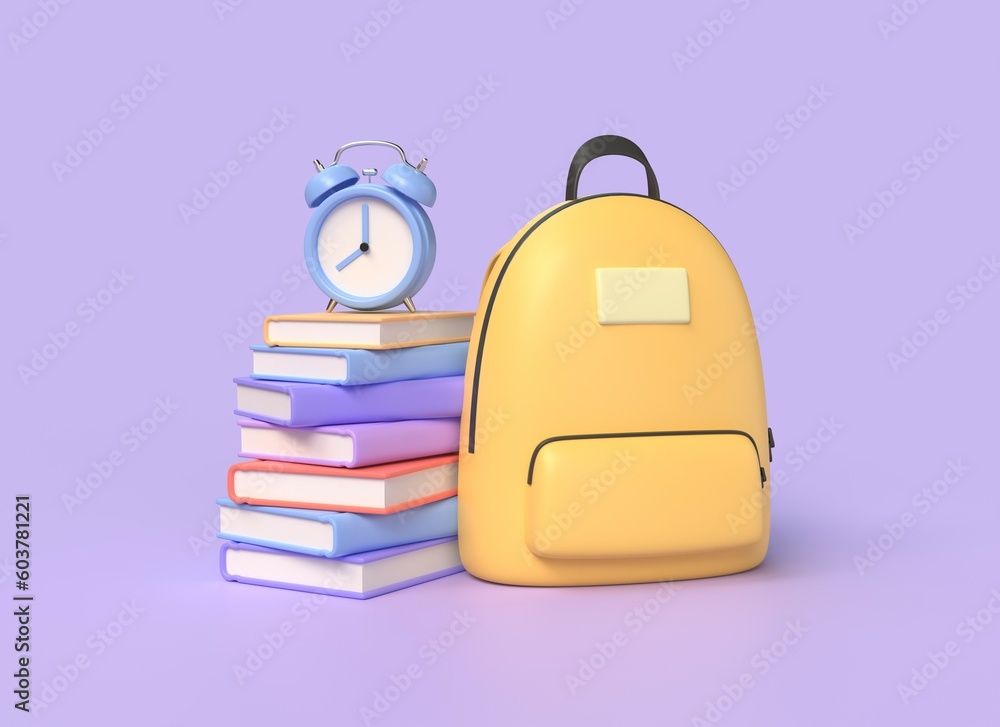 3d backpack, stack of books and alarm clock in cartoon style. concept of back to school or getting education, online learning. illustration on purple background. 3d rendering 3d backpack, stack of books and alarm clock in cartoon style. concept of back to school or getting education, online learning. illustration on purple background. 3d rendering