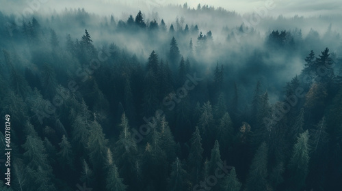 Foggy forest, aerial view. AI