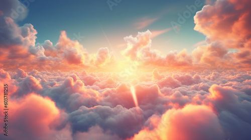 Sunrise over the clouds, aerial view. AI