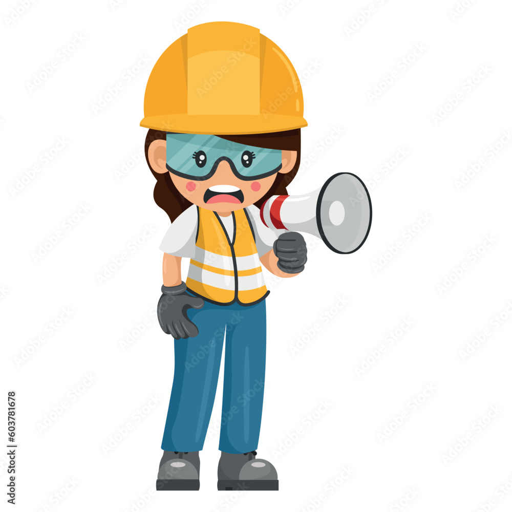 Annoyed industrial woman construction worker making an announcement with a megaphone. Supervisor engineer with personal protective equipment. Industrial safety and occupational health at work Annoyed industrial woman construction worker making an announcement with a megaphone. Supervisor engineer with personal protective equipment. Industrial safety and occupational health at work
