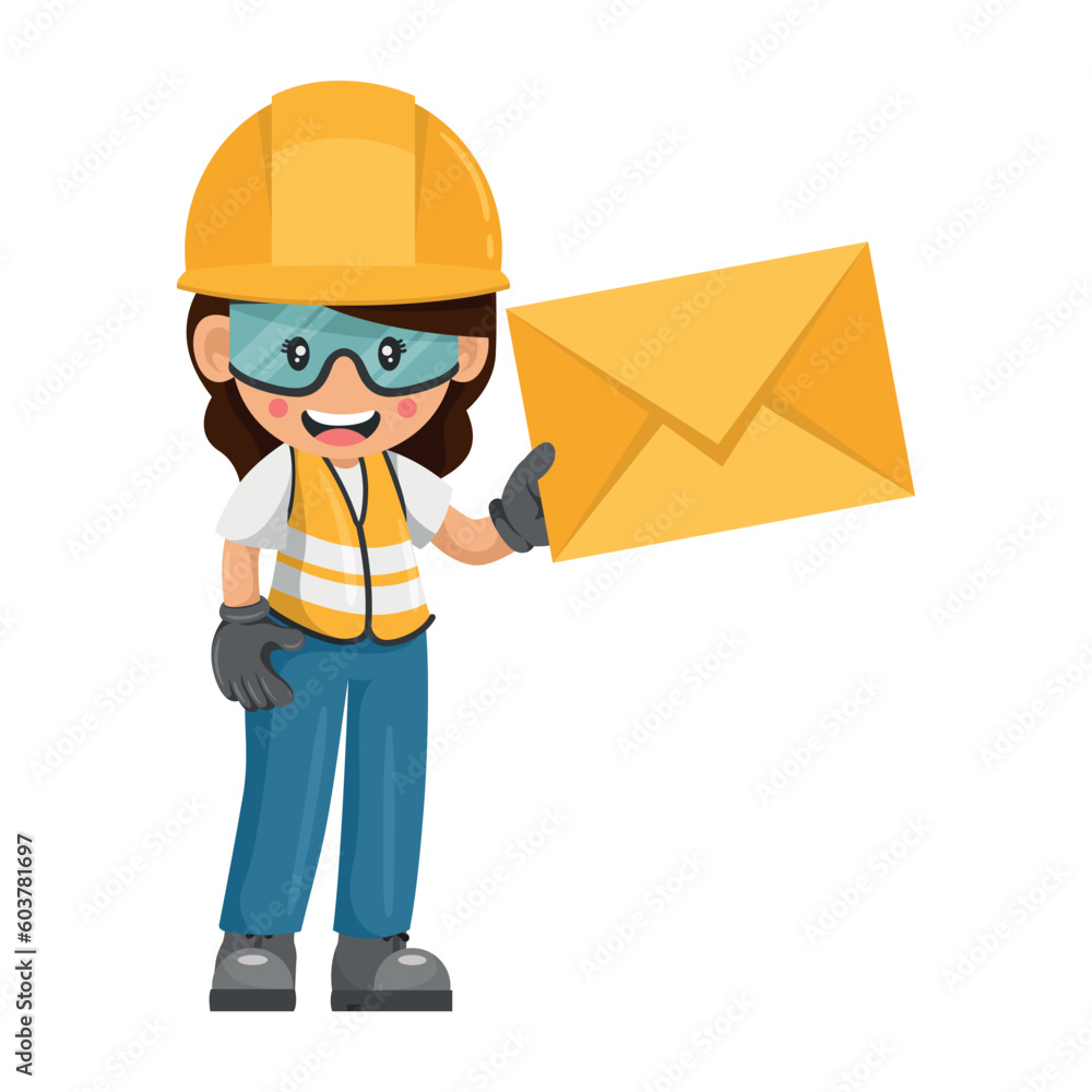 Industrial woman worker with letter envelope for email. Concept of communication, notification and contact. Industrial safety and occupational health at work Industrial woman worker with letter envelope for email. Concept of communication, notification and contact. Industrial safety and occupational health at work