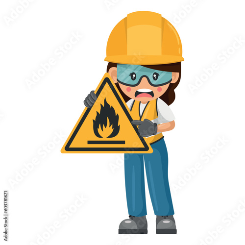 Industrial woman worker with flammable material hazard sign warning. Caution pictogram and icon. Worker with personal protective equipment. Industrial safety and occupational health at work