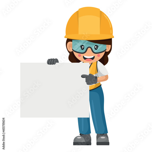 Industrial woman worker with his personal protection equipment holding a sign with space for text. Industrial safety and occupational health at work