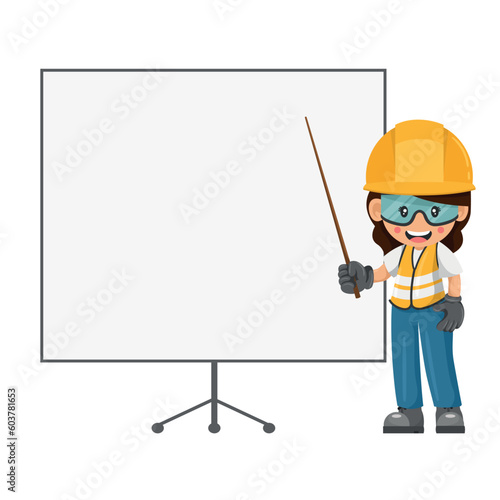 Industrial woman worker with personal safety equipment giving a talk or industrial safety training. Engineer in a presentation with space for text