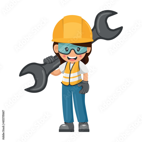 Industrial women worker with mechanic's wrench. Concept of repair, preventive maintenance and technical support. Industrial safety and occupational health at work