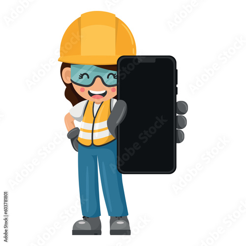 Industrial woman worker with his personal protective equipment with mobile phone. Industrial safety and occupational health at work