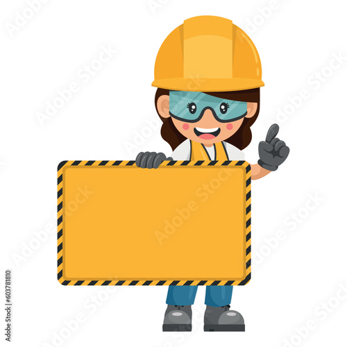 Industrial woman worker in personal protective equipment holding sign with copy space for text for advertising, presentation, brochures. Industrial safety and occupational health at work