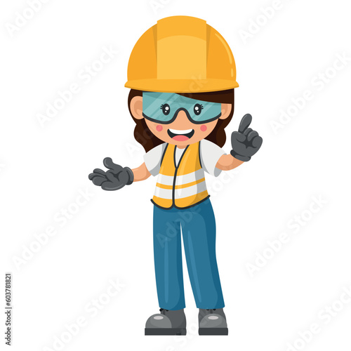 Industrial woman worker with his personal protective equipment pointing his finger. Expressing an idea and indicating with the index finger. Industrial safety and occupational health at work