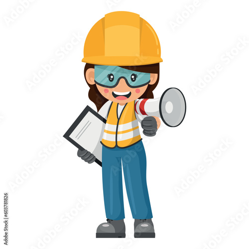 Annoyed industrial woman worker making an announcement with a megaphone with notepad. Supervising engineer with personal protective equipment. Industrial safety and occupational health at work