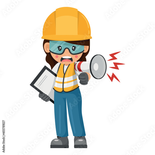 Annoyed industrial woman worker making an announcement with a megaphone. Construction supervising engineer with personal protective equipment. Industrial safety and occupational health at work